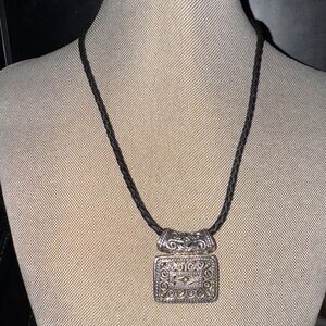 Women’s Silver-Tone Filigree Pendant Necklace - Black Braided Cord